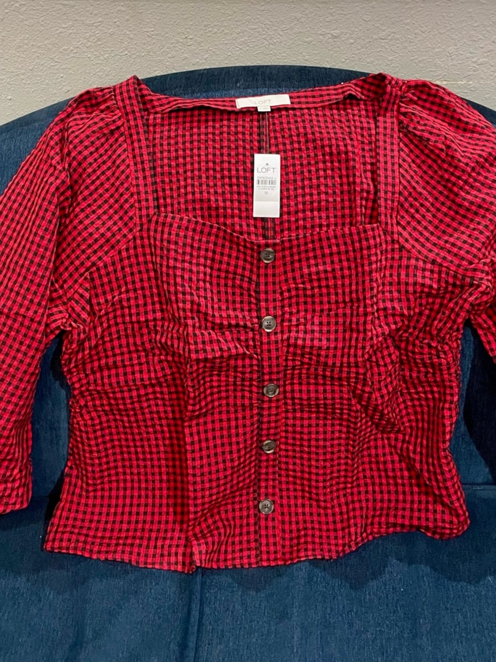 LOFT Red and Black Gingham Button-Front Women's Top